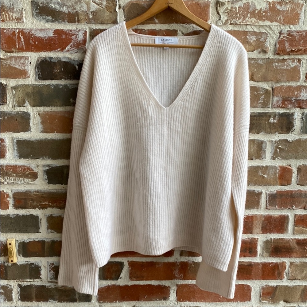 La Ligne Ribbed Cream V-Neck Sweater